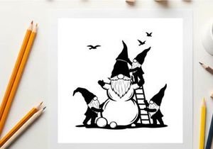 Three gnomes building a snowman silhouette in winter wonderland scene