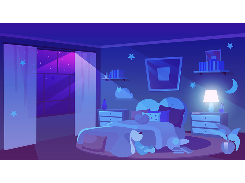 Child bedroom night time view flat vector illustration