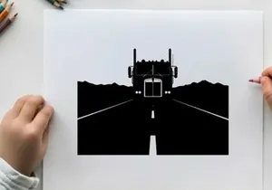 Silhouette of a semi truck driving on a deserted highway at night
