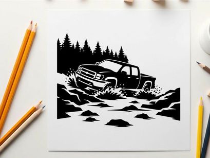 Silhouette of a pickup truck driving through a rugged terrain with a forest silhouette