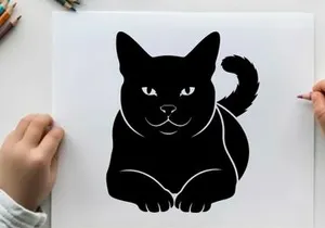 Black cat silhouette with white outline and eyes