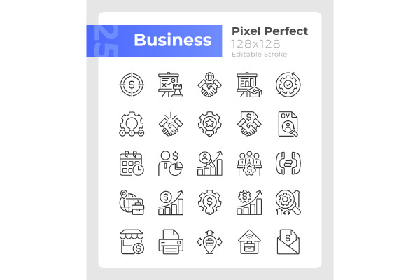 Business management pixel perfect linear icons set