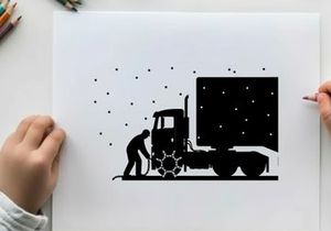 Silhouette of a man refueling a large truck on a snowy night