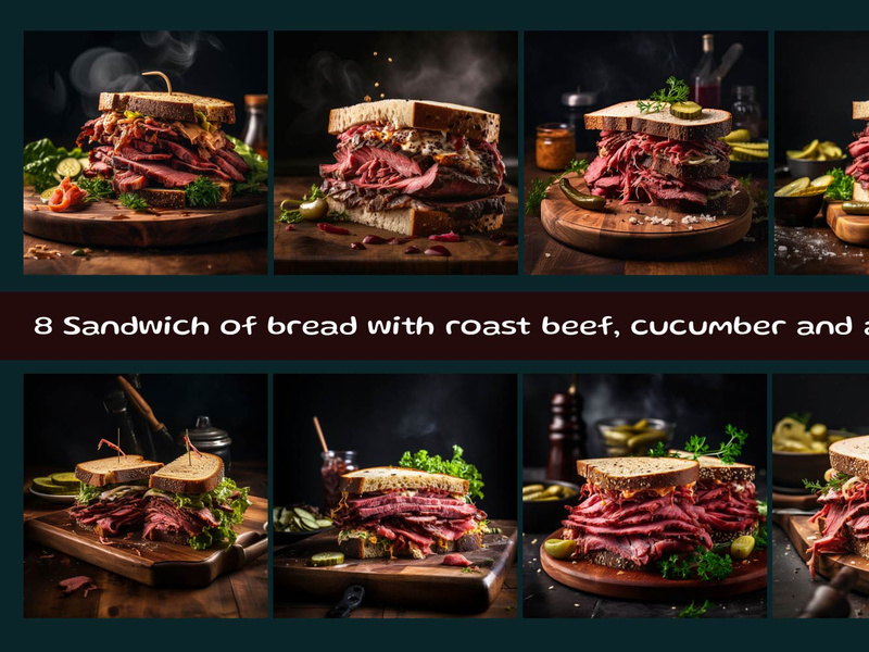 Sandwich of bread with roast beef, cucumber and arugula