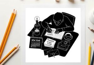 Silhouette of a man writing at a desk with new year's resolutions