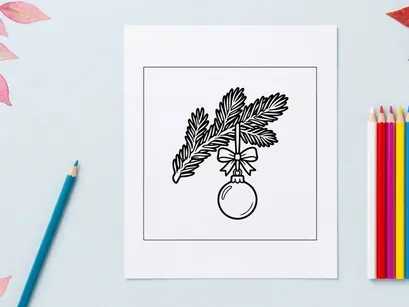 Christmas tree branch with hanging bauble ornament, festive holiday line art illustration