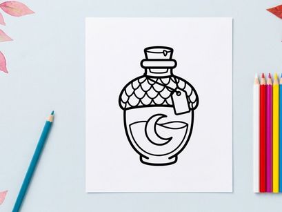 Magic potion bottle icon. Witchcraft elixir flask with moon symbol for Halloween design.