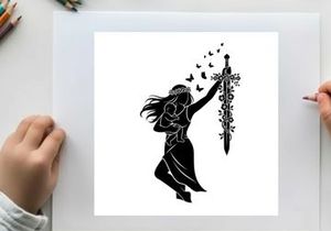 Silhouette of a woman holding a sword with flowers and butterflies