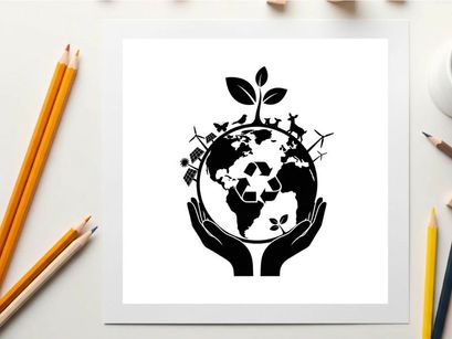 Eco friendly silhouette of the earth with hands and green leaves