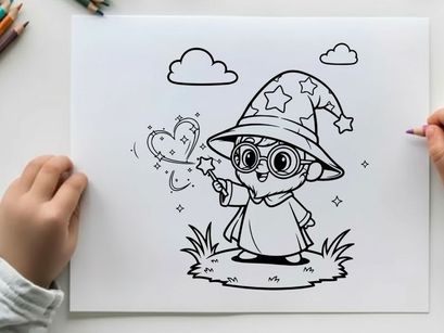 Cute wizard boy with magic wand casting spell vector illustration