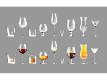 Types of glassware realistic product vector designs set preview picture