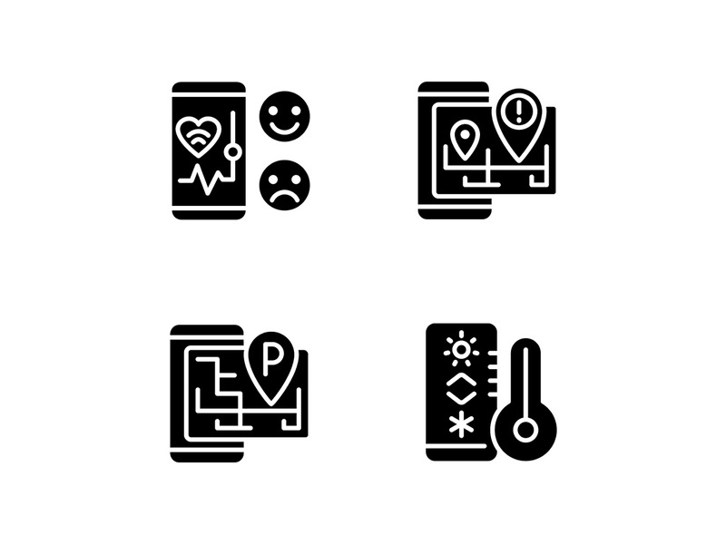 Mobile applications black glyph icons set on white space
