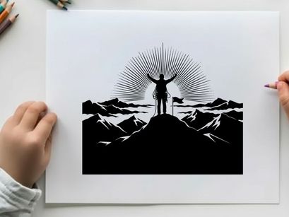 Silhouette of a man standing on a mountain peak silhouette