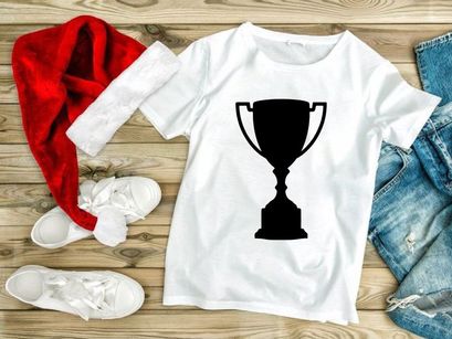 A black trophy cup on a white background with a spotlight shining down