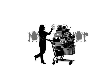 Silhouette of woman pushing overloaded shopping cart with groceries and household items
