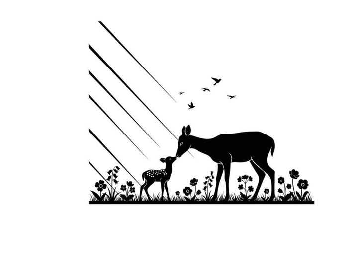 Mother deer and fawn silhouette in a field of flowers