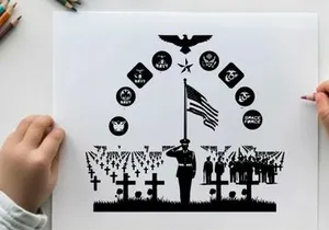 Veterans memorial silhouette with american flag and military emblems