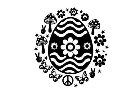 Black and white silhouette easter egg surrounded by flowers and symbols