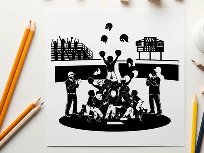 Cheerleading team celebrates victory in silhouette style illustration