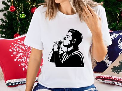 Black and white illustration of a man drinking from a bottle