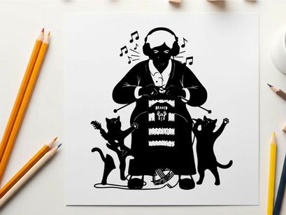 Silhouette of a person with cats and music silhouette
