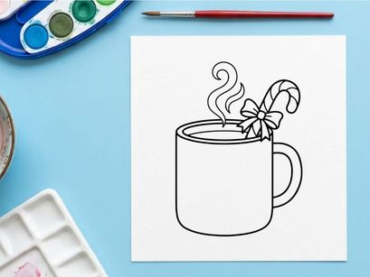 Hot cocoa mug with candy cane and snowflake steam for festive Christmas celebration