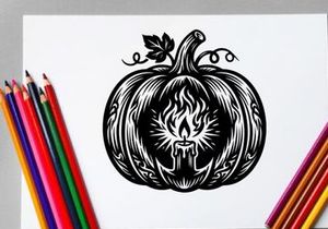 Black and white pumpkin with candle and floral design for Halloween