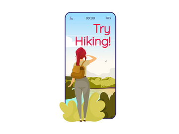 Try hiking cartoon smartphone vector app screen preview picture