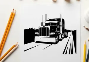 Semi truck silhouette driving down a highway with mountains