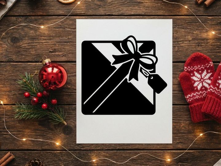 Black and white Christmas gift box with bow and tag for holiday celebration