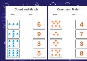 10 Pages Count and match with the correct number. Matching education game. Count how many items and choose the correct number