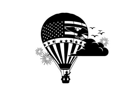 American flag hot air balloon silhouette with fireworks
