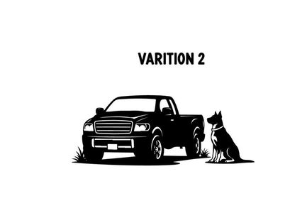 Silhouette of a pickup truck and dog in grass