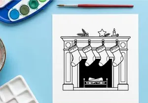 Line art illustration of a fireplace with Christmas stockings