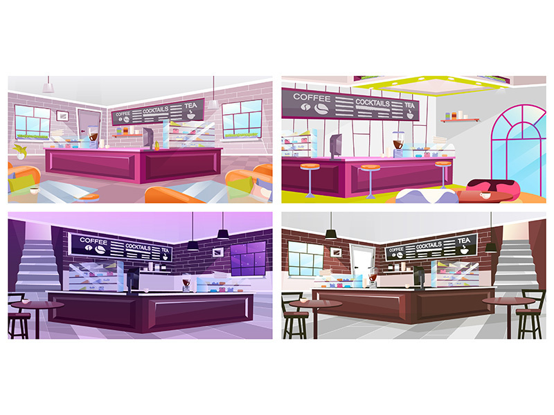 Coffeehouse interior flat vector illustrations set