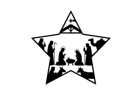 Nativity scene silhouette within a star shape christmas icon