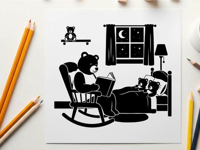 Silhouette of a bear reading to cub in bed