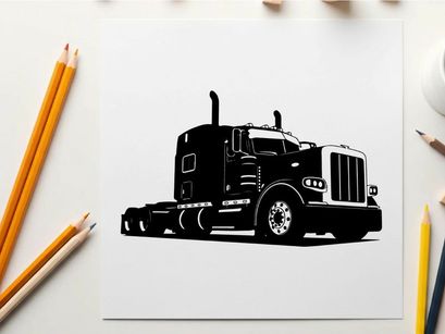 Silhouette of a large black semi truck on a white background