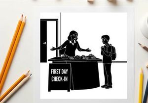 Silhouette of a woman and boy at a first day check in table silhouette