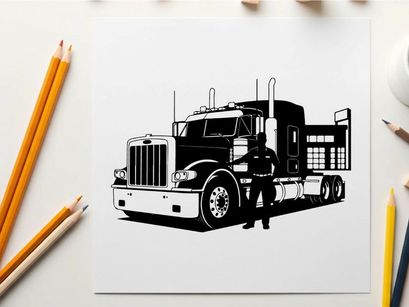 Silhouette of a man standing beside a large semi truck