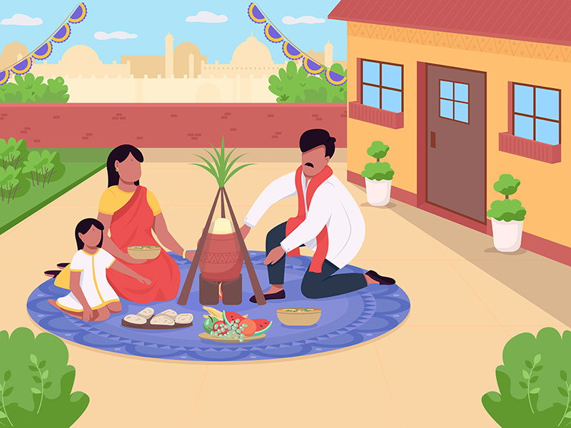 Hindu holiday dinner flat color vector illustration