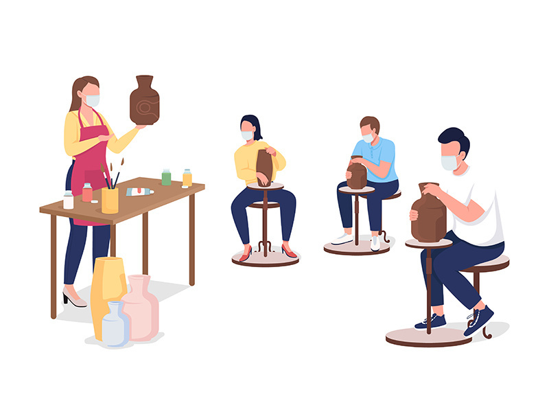 Pottery workshop students and teacher in face masks flat color vector faceless characters