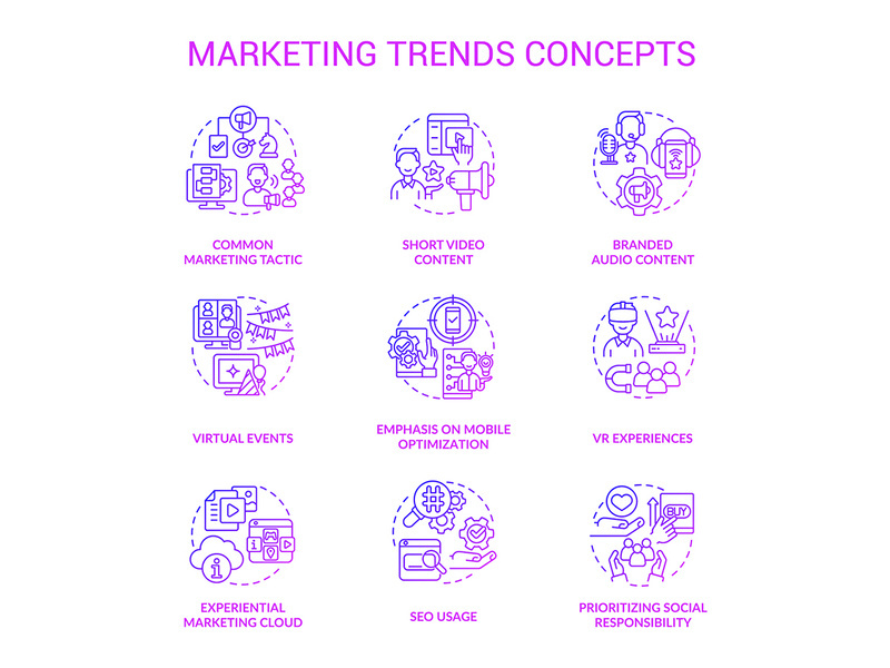 Marketing trends purple gradient concept icons set
