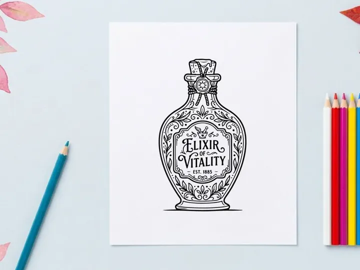 Botella de elixir vintage con etiqueta ornamentada para salud y vitalidad. Recipiente de vidrio antiguo para tónicos con elegante caligrafía y diseño floral decorativo.