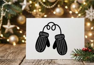 Black and white illustration of a pair of knitted winter mittens connected by a string