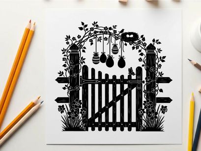 Silhouette of a garden gate with beehives and honeycombs silhouette