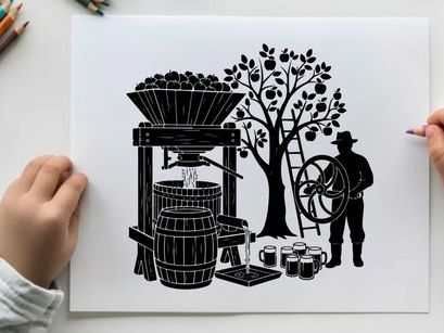 Vintage silhouette of a farmer at a cider press