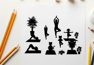 Yoga poses in various colors with silhouette figures and plants