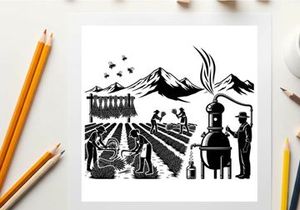 Silhouette of people working on a farm with mountains and a still