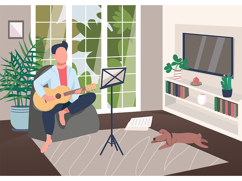 Guitarist at home flat color vector illustration